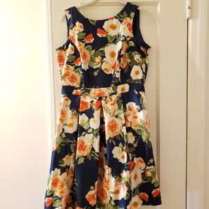 Navy and Orange Floral Dress with Pockets